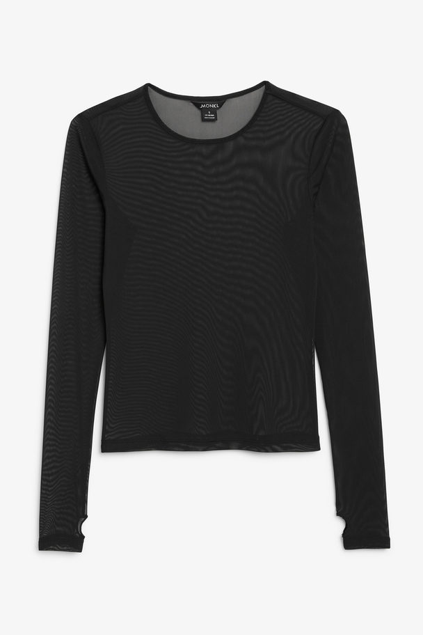 Monki Zwarte Mesh Top Met Lange Mouwen En Duimgaten Zwart