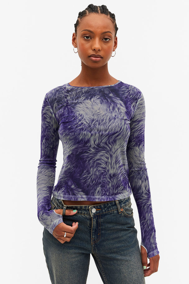Monki Long Sleeve Mesh Top With Thumbholes Purple Fur Print