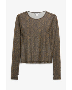 Mesh Top Met Lange Mouwen En Duimgaten Bruine Slangenprint