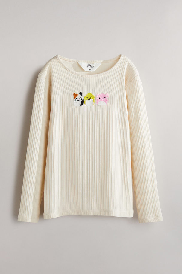 H&M Embroidered-motif Jersey Top Cream/squishmallows