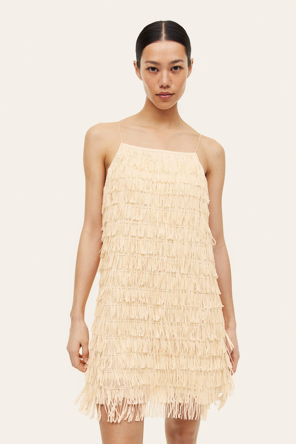 H&M Kleid mit Paillettenfransen Hellbeige