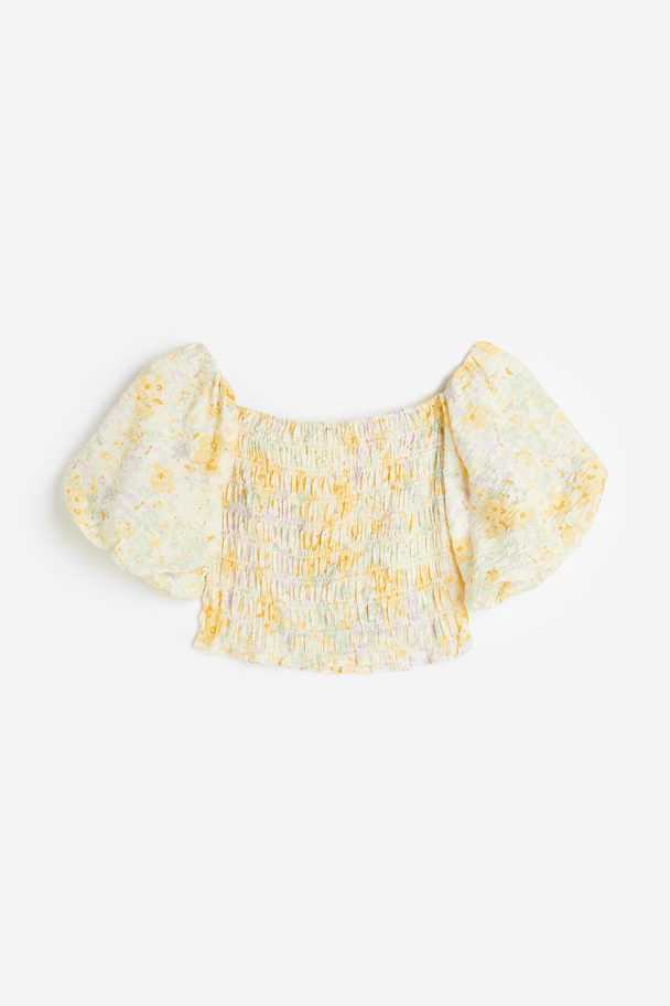 H&M Smocked Off-the-shoulder Top Light Yellow/floral