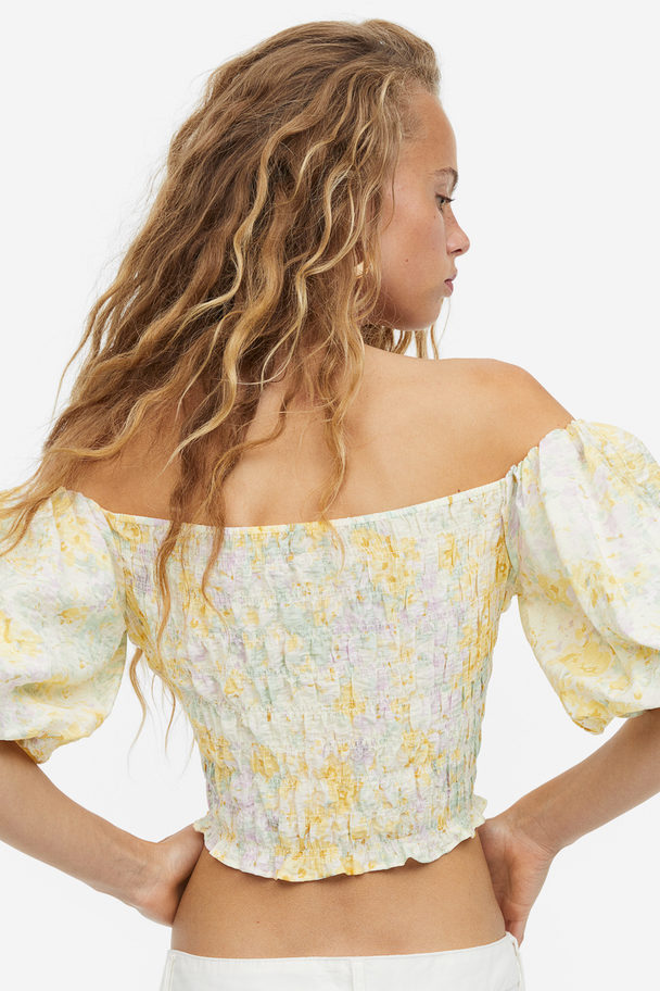 H&M Smocked Off-the-shoulder Top Light Yellow/floral