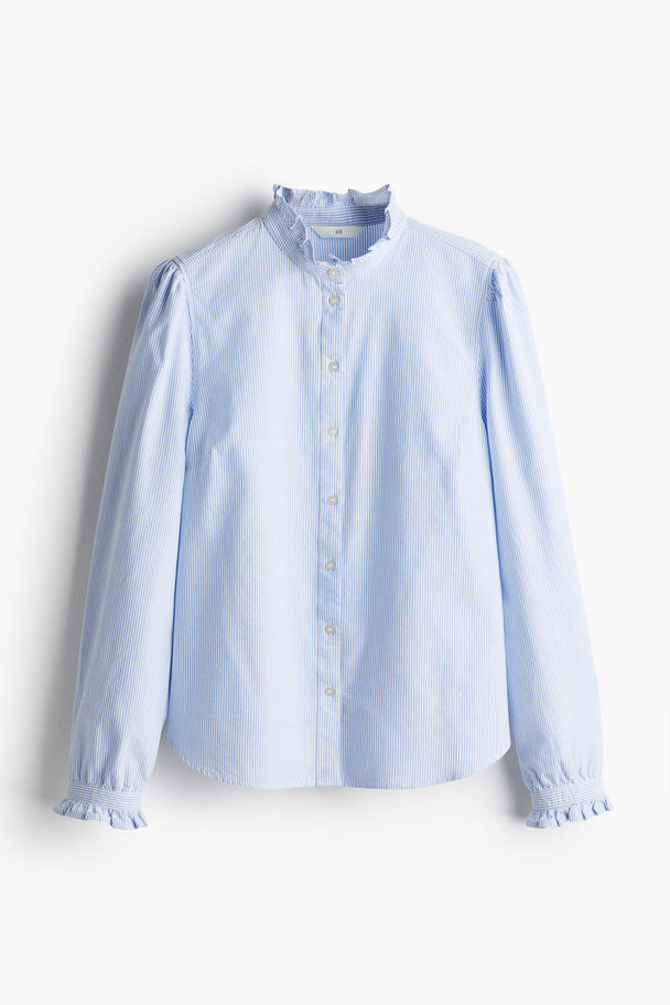 H&M Frill-trimmed Oxford Blouse Blue/striped