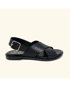 Corfu Black Leather Flat Sandals