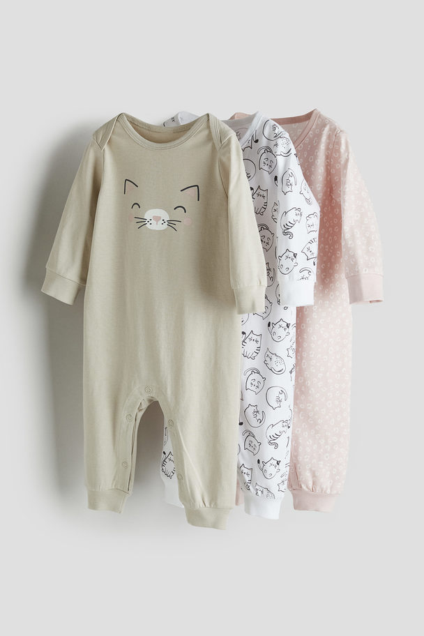 H&M Set Van 3 Pyjamapakjes Van Katoenen Tricot Lichtroze/katten