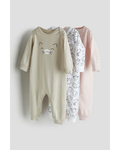 3-pack Cotton Jersey Sleepsuits Light Pink/cats