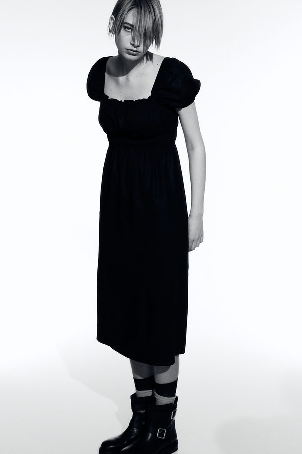 H&M Linen-blend Smocked-waist Dress Black