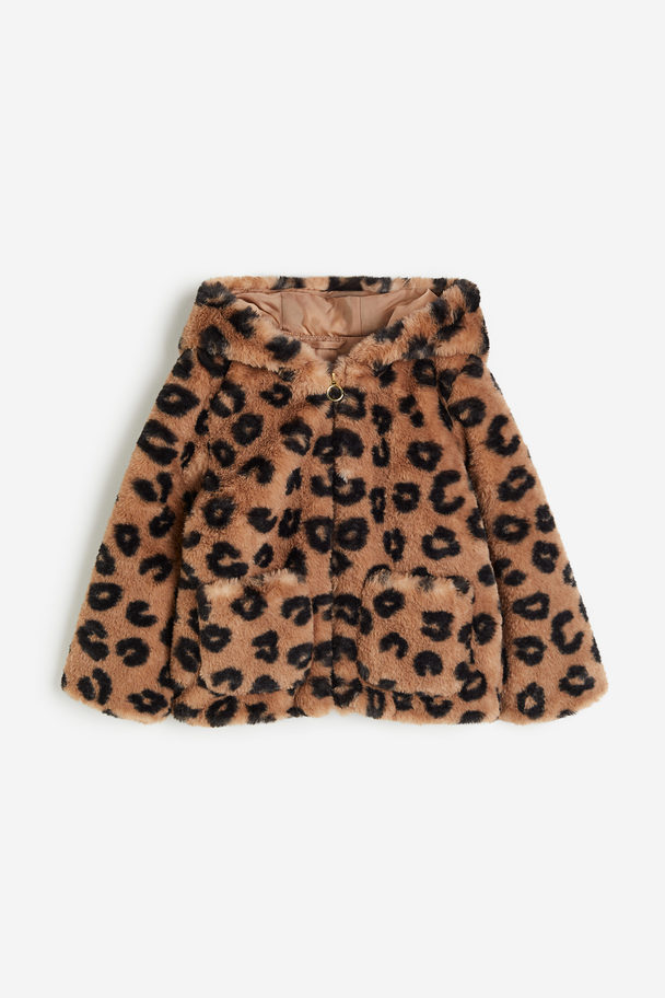 H&M Fluffy Jacket Light Brown/leopard Print