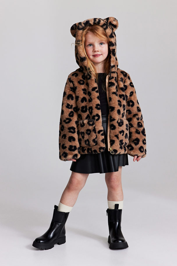 H&M Fluffy Jacket Light Brown/leopard Print