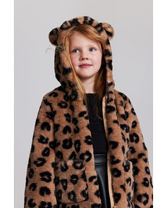 Pörröinen takki Vaaleanruskea/Leopardipainatus