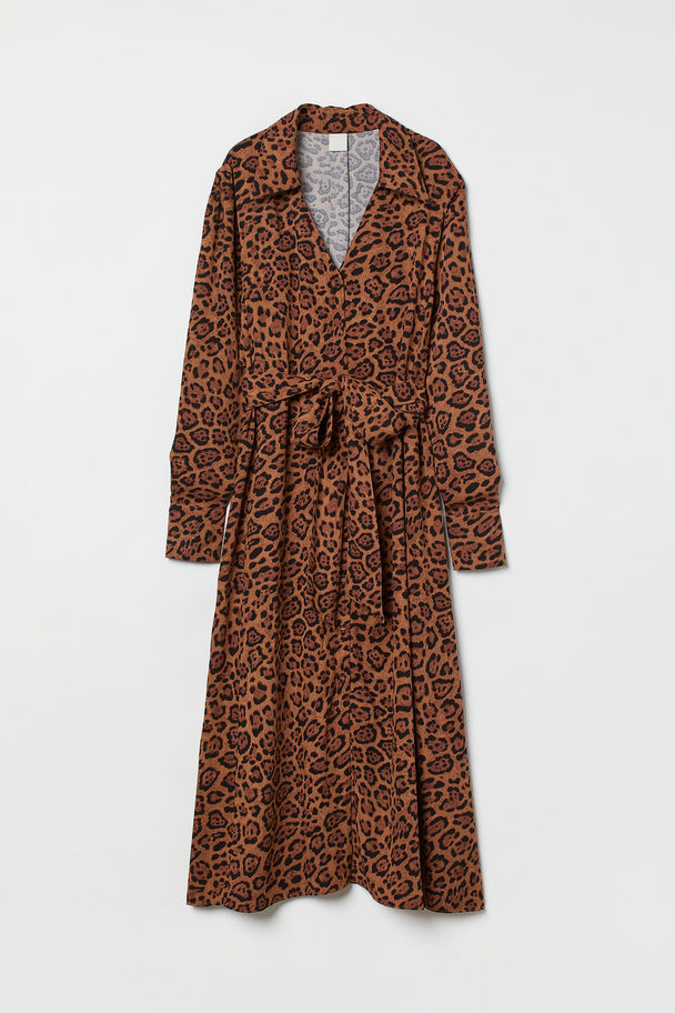 H&M Tie-belt Shirt Dress Brown/jaguar-patterned