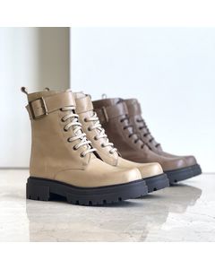 Vulcan Beige Leather Military Ankle Boots