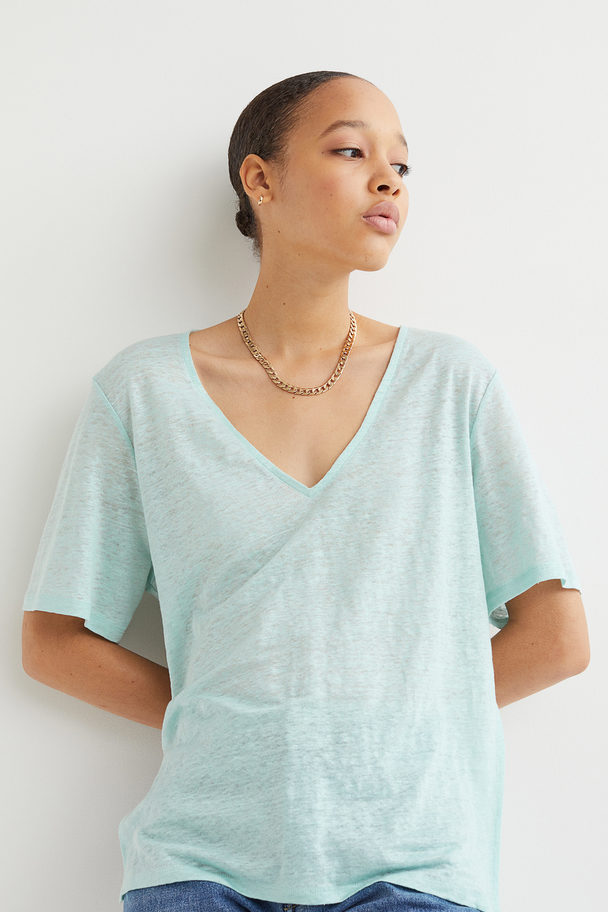 H&M Linen Jersey T-shirt Turquoise