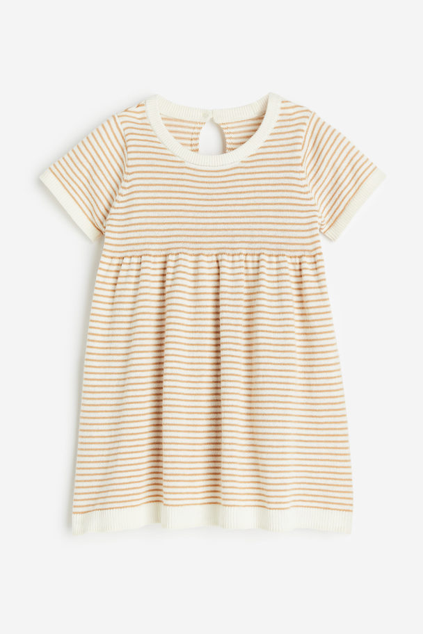 H&M Knitted Cotton Dress White/beige Striped