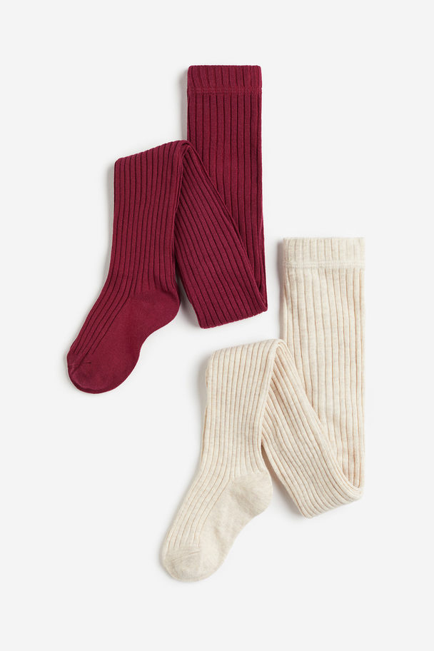 H&M 2-pack Fine-knit Tights Dark Red/natural White