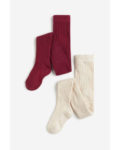 2-pack Fine-knit Tights Dark Red/natural White