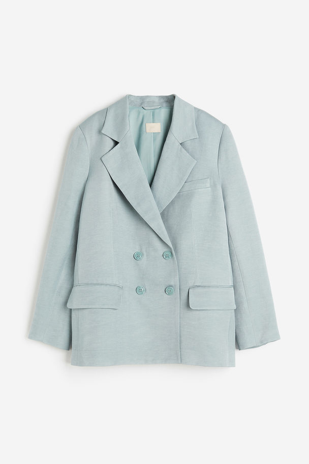 H&M Double-breasted Linen-blend Blazer Blue-grey