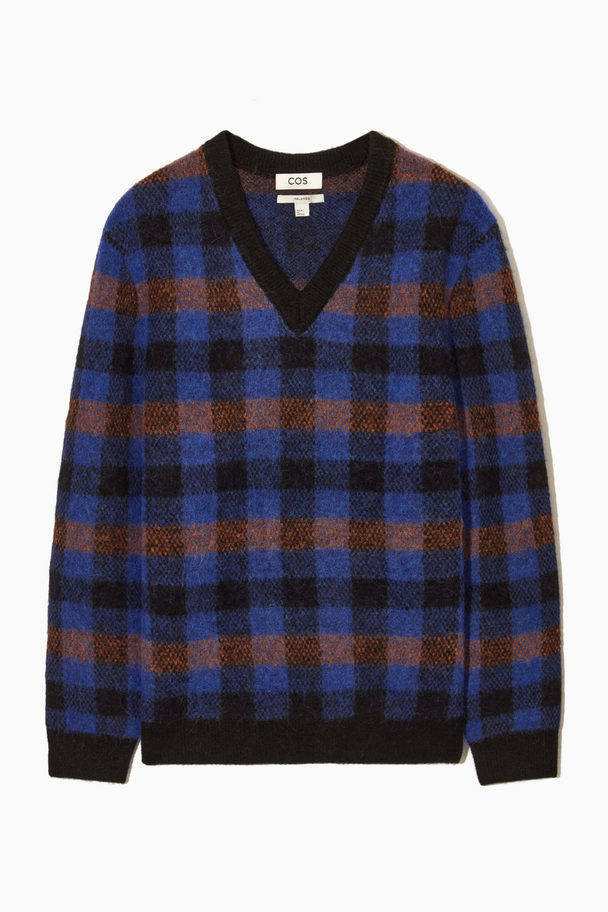 COS Relaxed-fit Checked V-neck Jumper Dark Blue