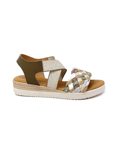 Selene, Wedge Sandals In Khaki Leather, Elastics And Multi-colored Raffia