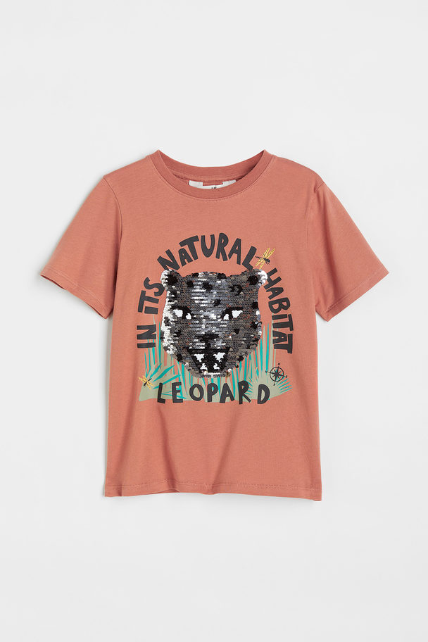 H&M T-shirt Met Omkeerbare Pailletten Roestoranje/luipaard