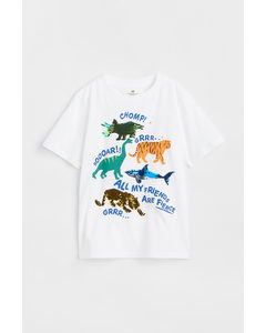 T-Shirt mit Wendepailletten Weiß/Tiere