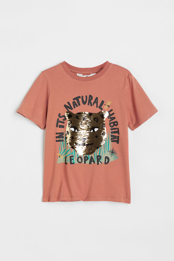 H&M T-shirt Met Omkeerbare Pailletten Roestoranje/luipaard