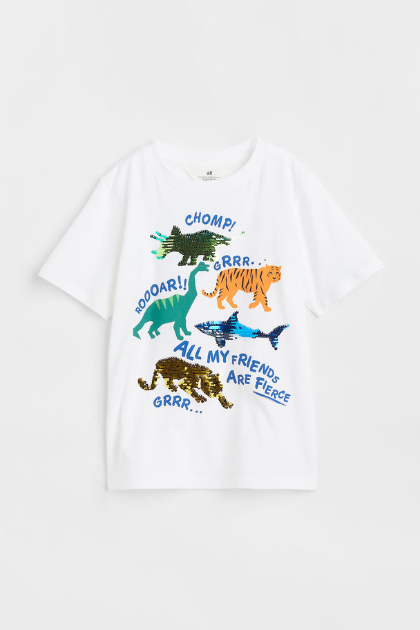 H&M T-Shirt mit Wendepailletten Weiß/Tiere