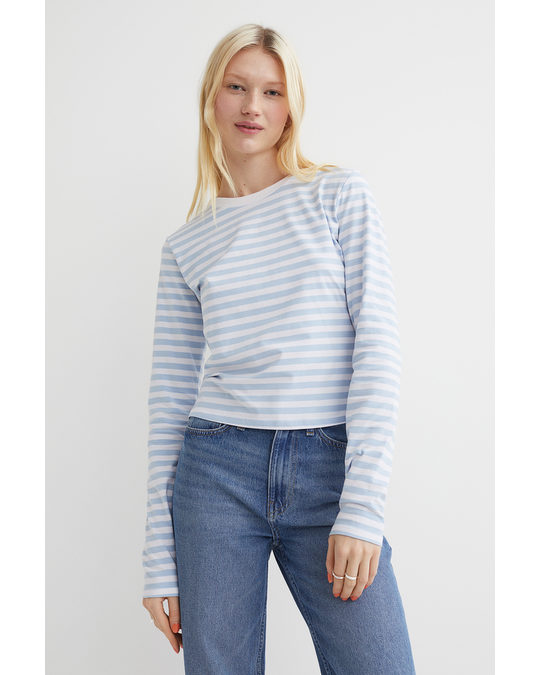 H&M Long-sleeved Cotton Top Light Blue/striped