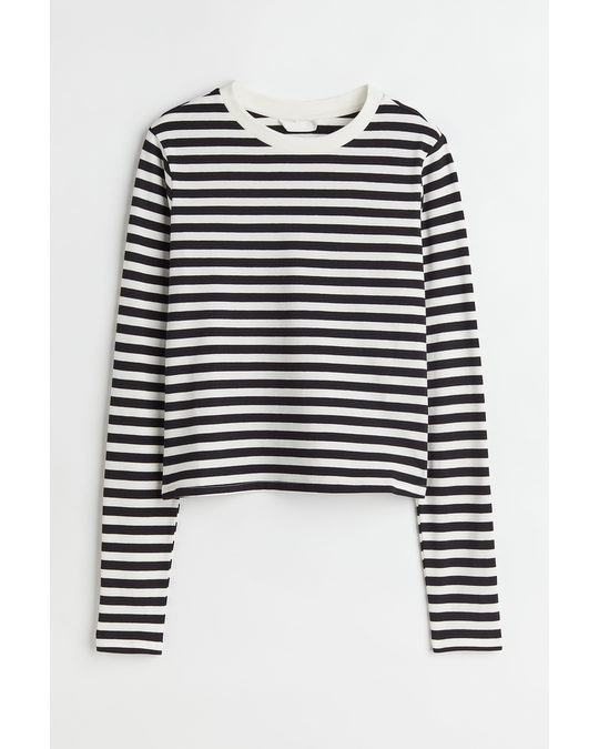 H&M Long-sleeved Cotton Top Black/striped