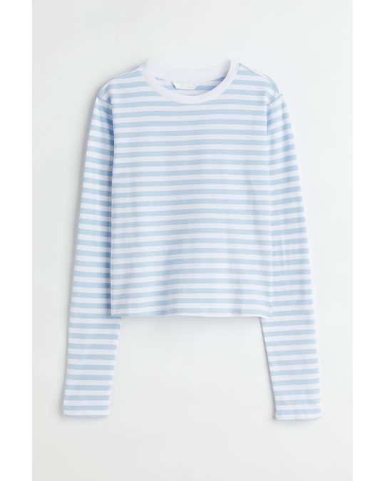 H&M Long-sleeved Cotton Top Light Blue/striped
