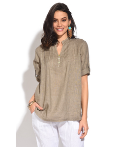 Buttoned Tunisian Collar Top With Front Pleats