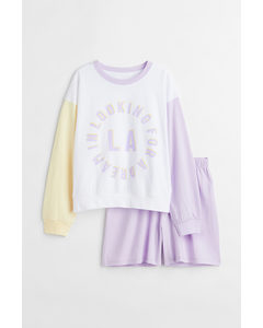 Cotton Pyjama Top And Shorts Light Purple/la