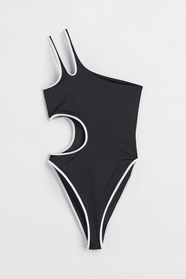 H&M High Leg One-shoulder Swimsuit Black/white