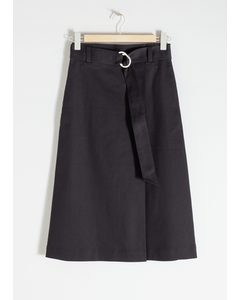 Belted A-line Midi Skirt Black