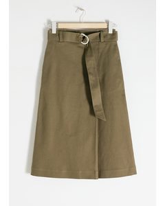 Belted A-line Midi Skirt Khaki