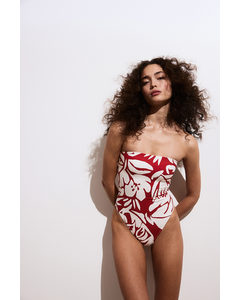 Padded-cup High-leg Bandeau Swimsuit Red/patterned