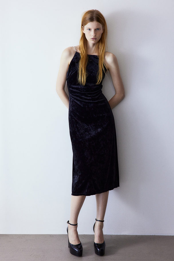 H&M Rhinestone-strap Velour Dress Black