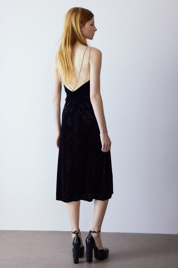 H&M Rhinestone-strap Velour Dress Black