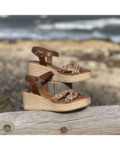 Girasol Brown Leather Wedge Sandal With Multicolored Braid