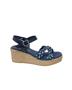 Girasol Blue Leather Wedge Sandal With Multicolored Braid