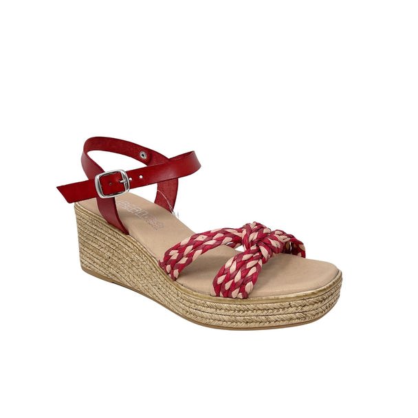 Liberitae Girasol Red Leather Wedge Sandal With Multicolored Braid
