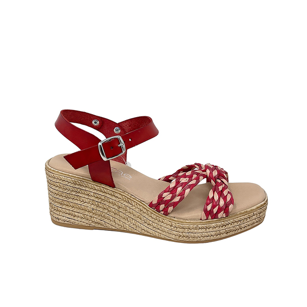 Liberitae Girasol Red Leather Wedge Sandal With Multicolored Braid