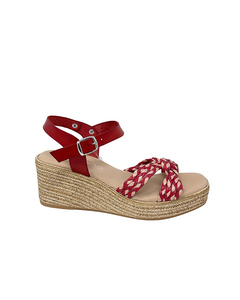 Girasol Red Leather Wedge Sandal With Multicolored Braid