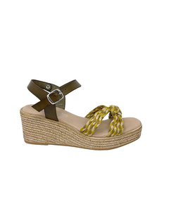 Girasol Green Leather Wedge Sandal With Multicolored Braid