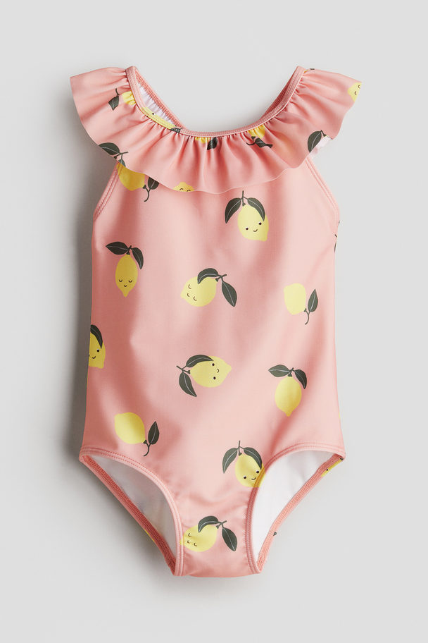 H&M Flounce-trimmed Swimsuit Light Pink/lemons