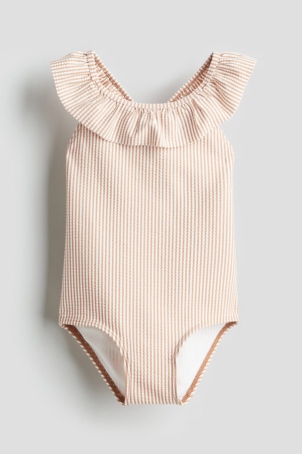 H&M Flounce-trimmed Swimsuit Brown/striped