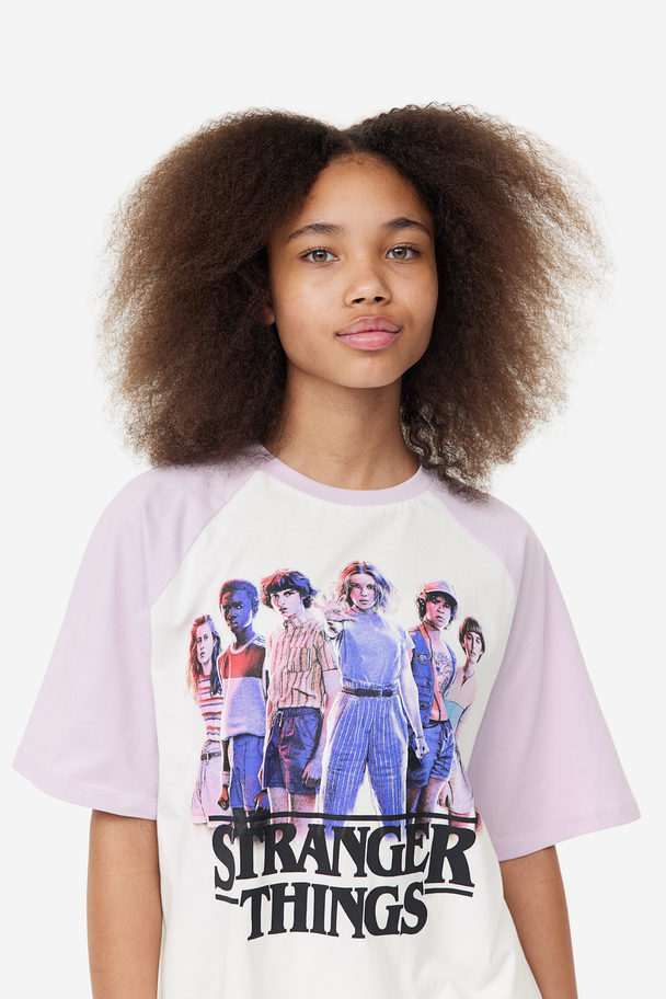 H&M Printed Cotton T-shirt Lilac/stranger Things