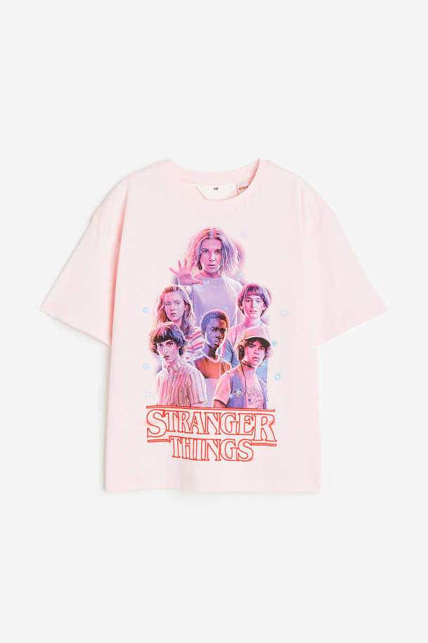 H&M Printed Cotton T-shirt Light Pink/stranger Things