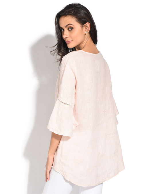 Le Jardin du Lin Round Collar Tunic With Lace Insert And Ruffled Sleeves